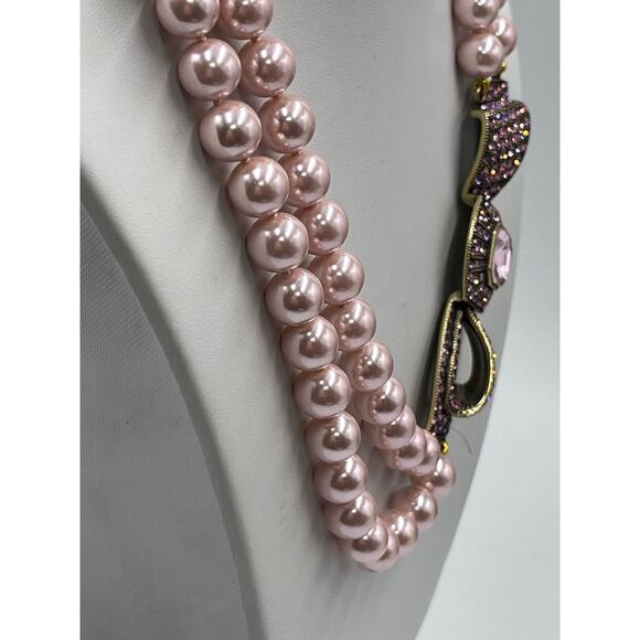 Heidi Daus "Beaux Arts" Pink Pave Crystal Bow Pearl Beaded Two Strand Necklace - Picture 11 of 15